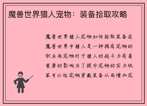 魔兽世界猎人宠物：装备拾取攻略