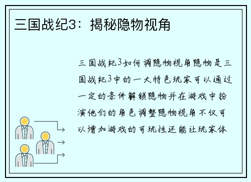 三国战纪3：揭秘隐物视角